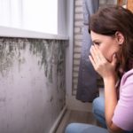 Side View Of A Shocked Young Woman Looking At Mold On Wall